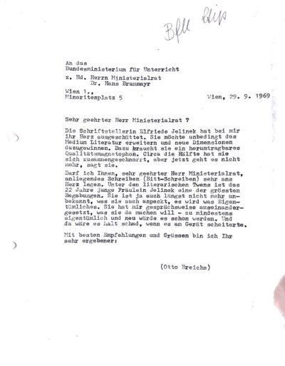 Brief von Otto Breicha an das Unterrichtsministerium, 29. September 1969, ÖGfL-Archiv