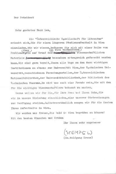 Wolfgang Kraus an Stanislaw Lem, ÖGfL Archiv